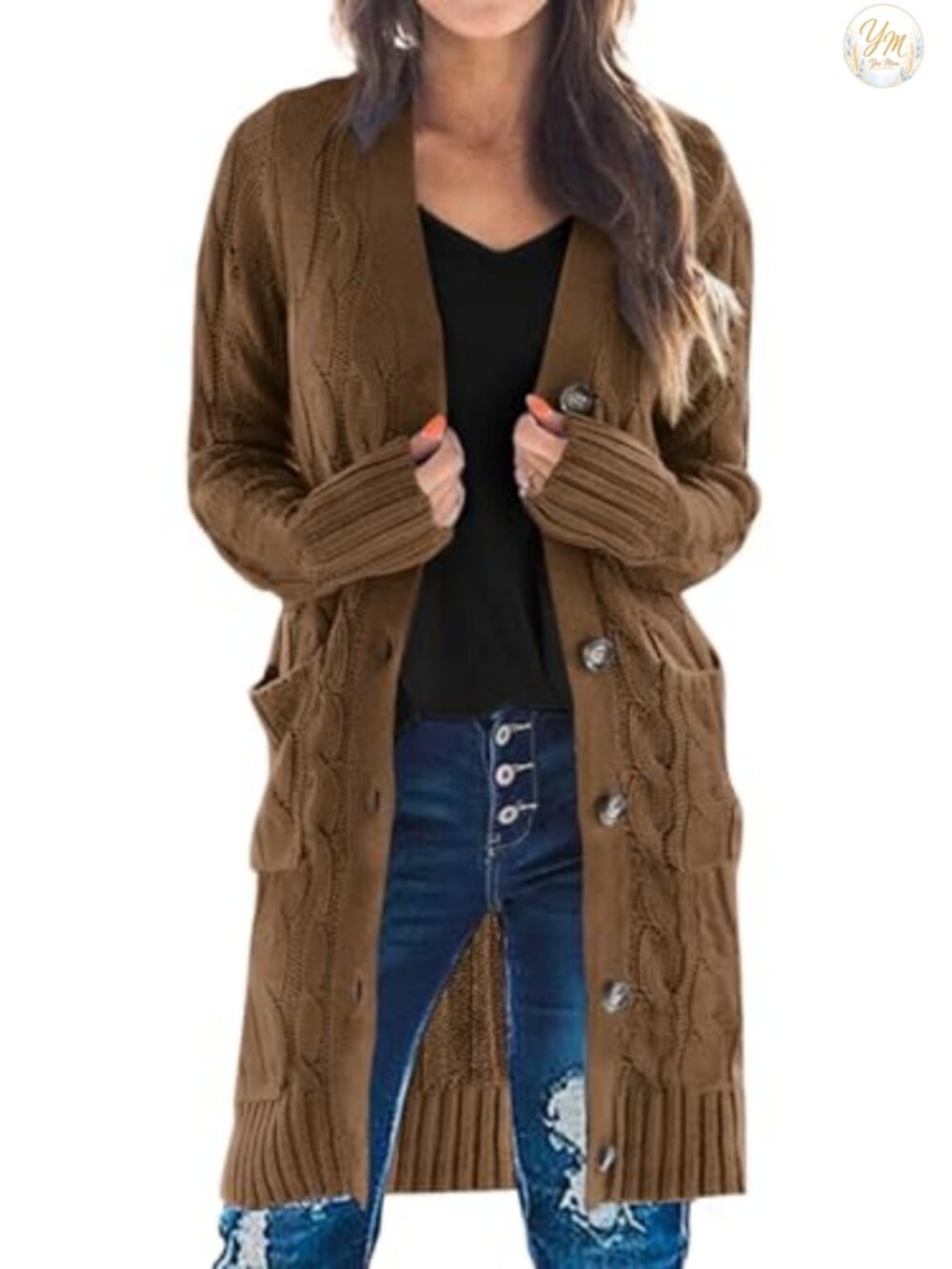 Cable Knit Button Long Cardigan Sweater with Pockets
